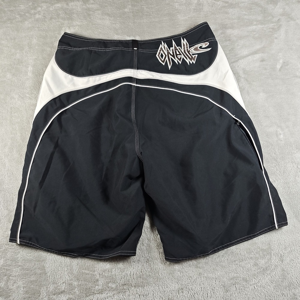 Vintage Oneill Board Shorts Mens 34 Black White Embroidered Swim Trunks Surf Y2K